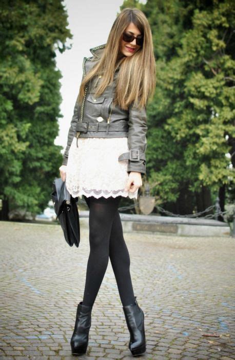 tumblr fashion white lace skirt grey leather jacket