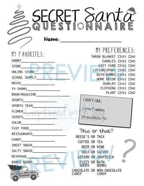 printable secret santa questionnaire  gift exchange work etsy
