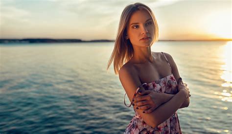 wallpaper sunlight women blonde sunset sea bare shoulders