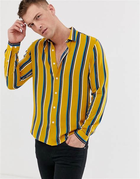 asos design regular fit stripe shirt  deep revere collar yellow asosdesign cloth