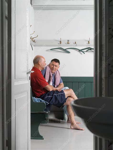 older men sitting in locker room stock image f018 8770 science