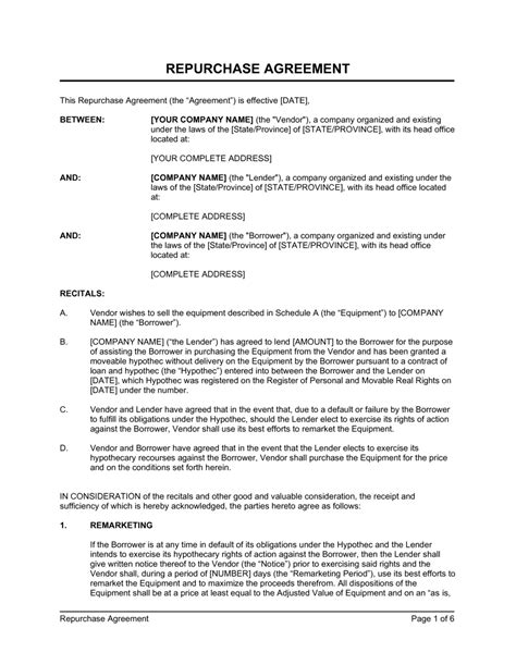 repurchase agreement equipment template  business   box