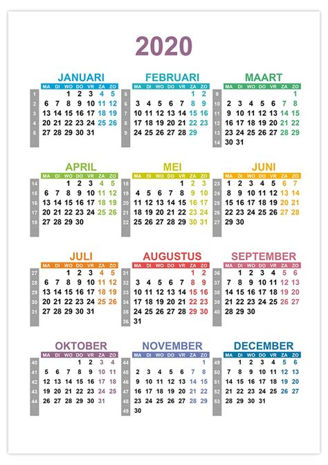 kalender  met weeknummers kalenderu