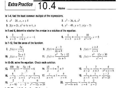 extra practice  solving rational equations worksheet