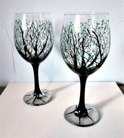 Wine Glasses Hand Painted Trees Pair Of Tree By Glassgaloregal
