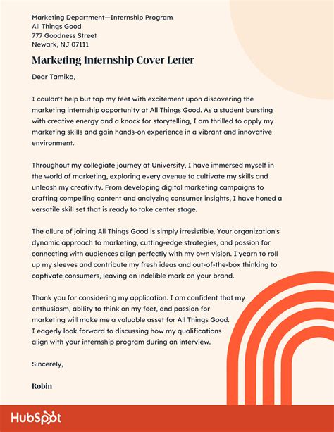 write  cover letter   internship examples template