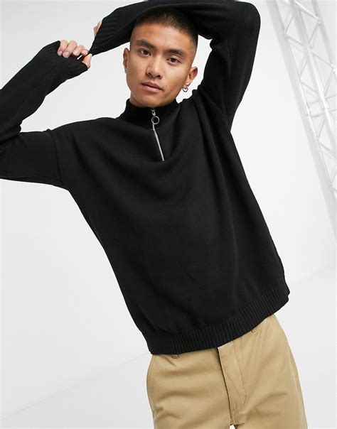 asos design oversized cotton  zip knitted sweater  black  fashionisto