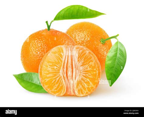Two Whole Tangerine Fruits And Peeled Half Isolated On White Background