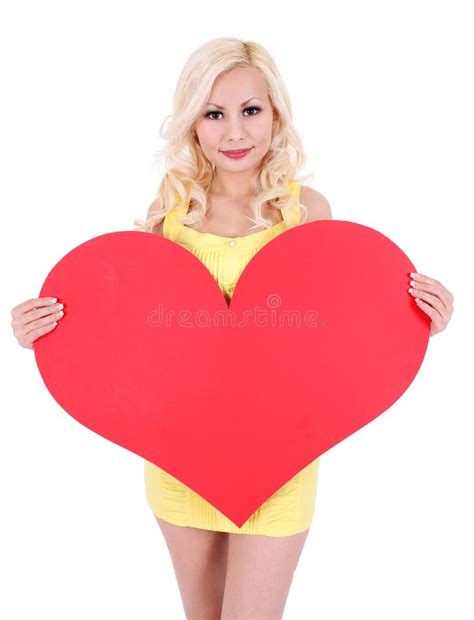 Blonde Young Woman Holding Red Heart With Words Happy Valentines Day