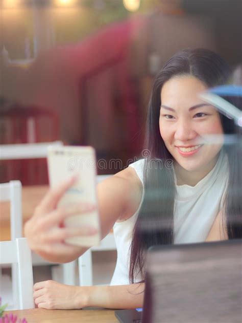Asian Woman Selfie Herself In Coffee Shop Stock Image Image Of