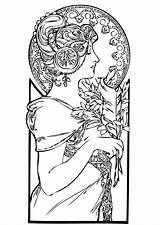 Coloring Nouveau Pages Deco Adult Adults Printable Mucha Alphonse Femme Drawing Style Color Book Woman Drawn Beautiful Colouring Google Print sketch template