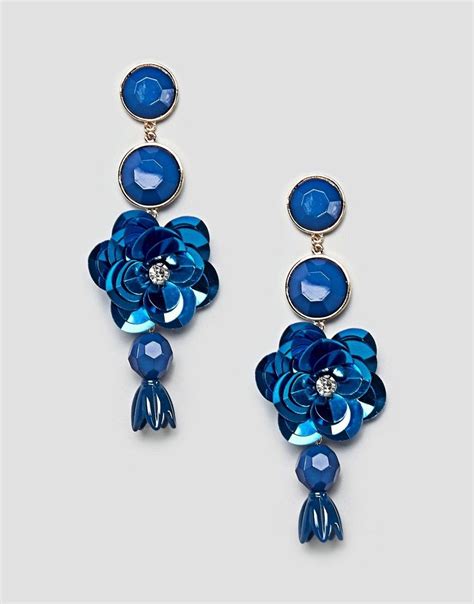 asos stone  sequin flower drop earrings blue asos party earrings womens earrings johnny