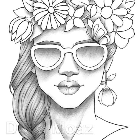 adult coloring page girl portrait colouring sheet flower crown etsy