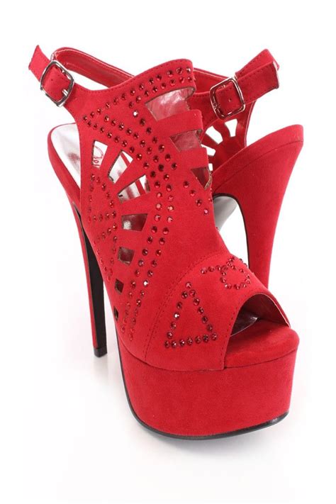 red rhinestone perforated heels faux suede heels
