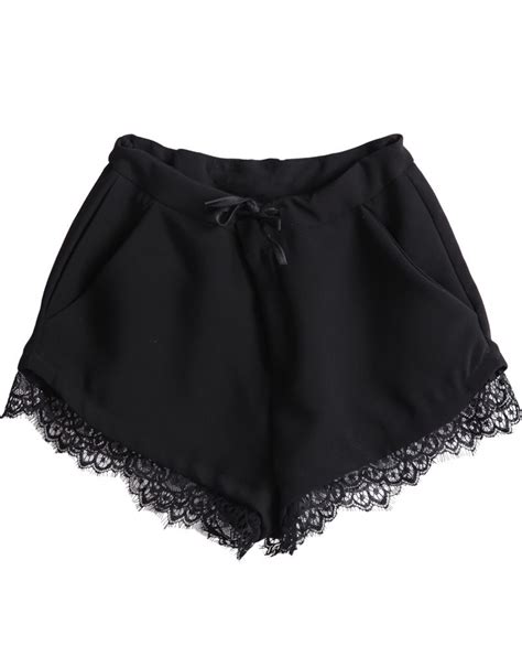 Black Drawstring Waist Pockets Lace Shorts Shein Lace Shorts