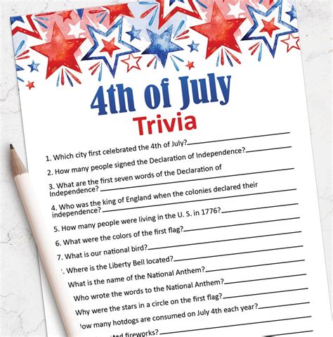 4th Of July Printable Game Fourth Of July Trivia Game Etsy Canada