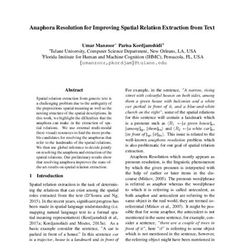 anaphora resolution  improving spatial relation extraction  text