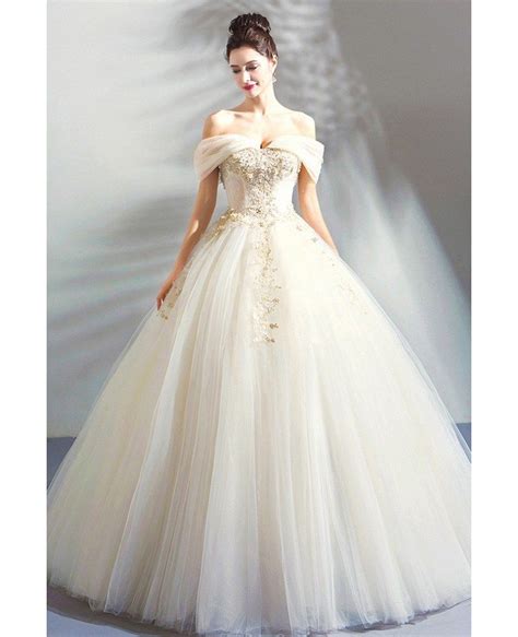 Luxury Embroidery Beige Ball Gown Wedding Dress Princess