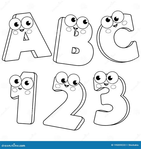cartoon letters  numbers vector black  white coloring page