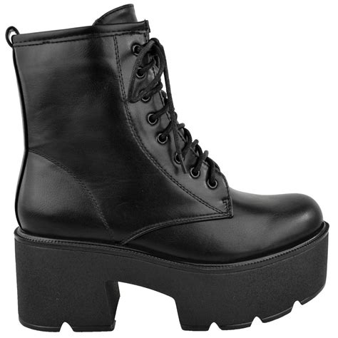 womens ladies chunky wedge platform black faux leather ankle boots punk goth  ebay