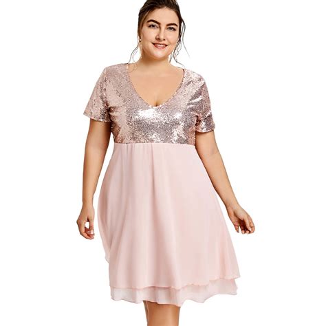 Wipalo Cute Pink Cocktail Party Dress Women Plus Size Glitter Sequin