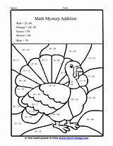 Thanksgiving Math Worksheets Coloring Addition Worksheet Turkey Pages Grade Mystery Printable Activities Color 2nd Digit Sheets Subtraction Second Kids Number sketch template