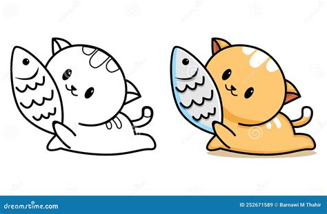cute cat  fish coloring page  kids stock vector illustration