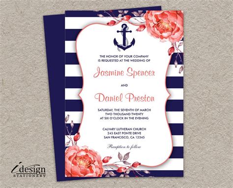 Navy Blue And Coral Wedding Invitations Nautical Wedding