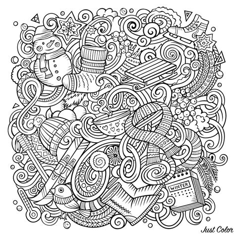 cartoon doodles winter   christmas adult coloring pages