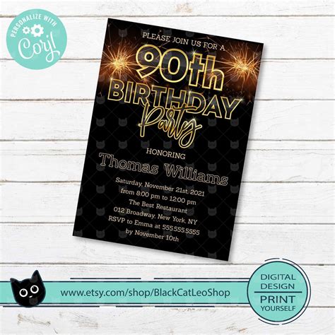 ninetieth birthday editable invitation  birthday party gold