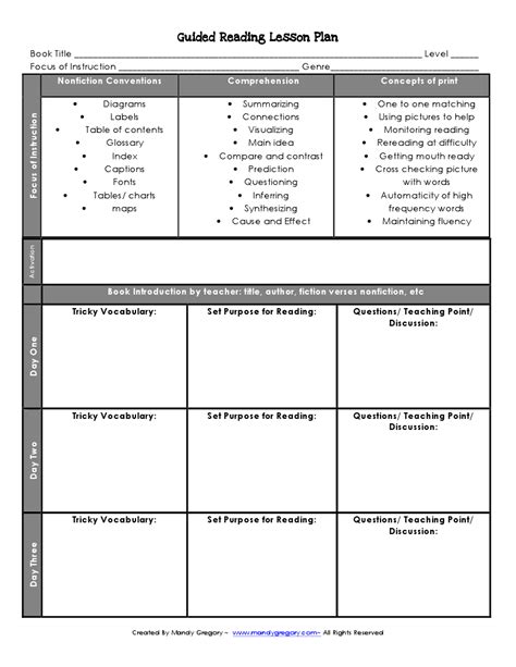 reading lesson plan template reading lesson plan template