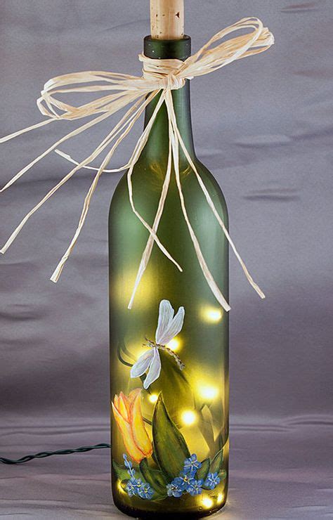 Lighted Wine Bottle Hand Painted Tulip And Dragonfly Ts For