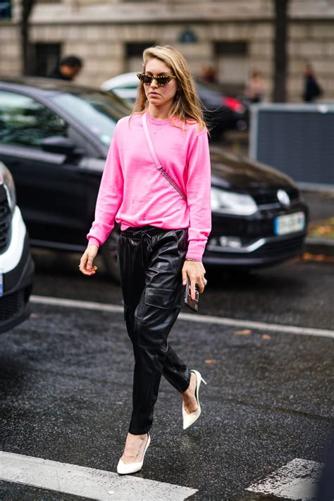 leather pants outfit idea pink sweater white heels   wear