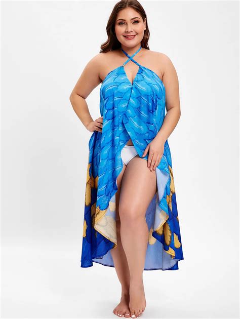 Wipalo Women Fashion Feather Print Halter Neck Plus Size Cover Up Dress