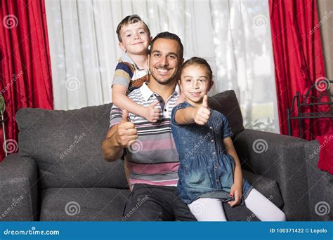 portrait  single daddy   kids  home stock photo image