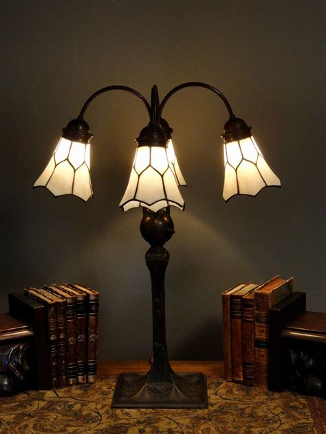 Tall 4 Shade Desk Or Library Lamp W Leaded Etched Shades