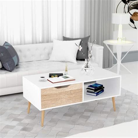 homfa table de salon scandinave table basse cafe bois pour bureau tv blanc  chene claire