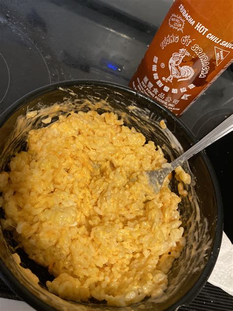 Rice With A Handful Of Cheese A Squirt Of Ranch And A Lot Of Sriracha