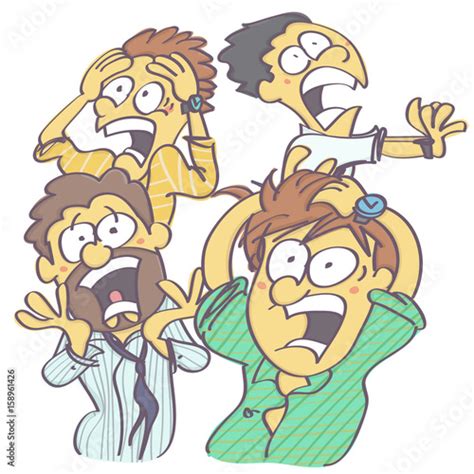 funny vector cartoon with group of men in panic and horror buy this