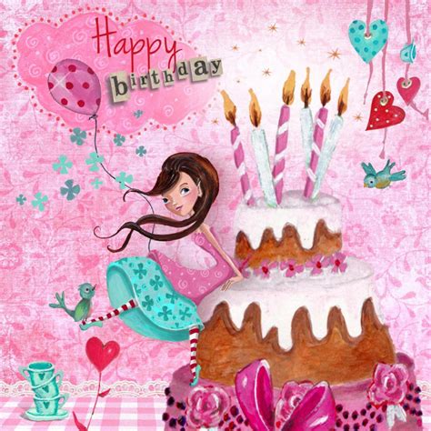 jarig meisje taart kaarsjes illustratie verjaardagskaarten kaartjego