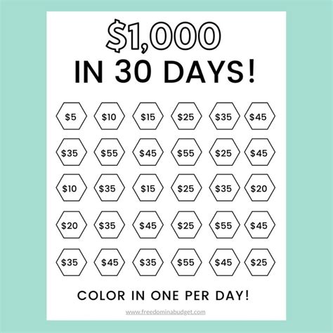 Money Saving Challenge Printable Save 1000 In 30 Days Savings Tracker