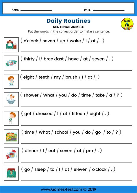 esl worksheet  practice daily routines vocabulary  sentences