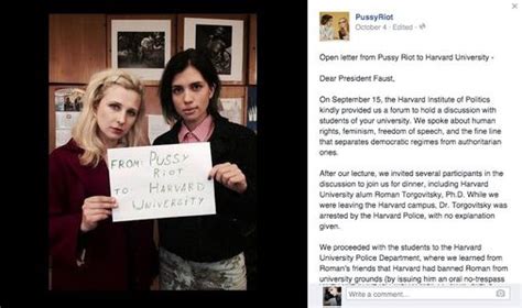 pussy riot posts open letter to harvard president drew faust the