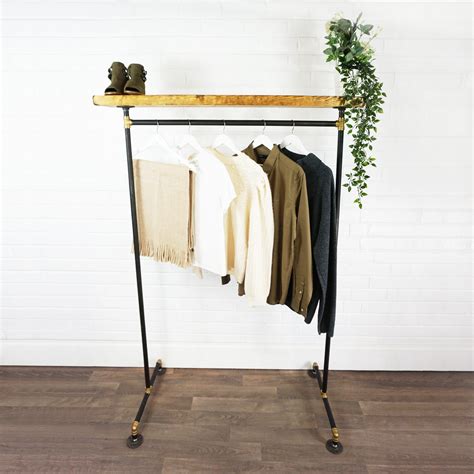 standing clothing rail  wooden shelf industrial raw steel