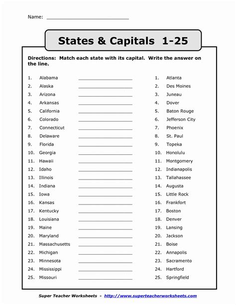 states  capitals matching worksheet   states capitals