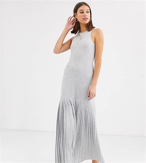 asos design tall lange jurk met geplooide zoom  gemeleerd grijs tall fashion
