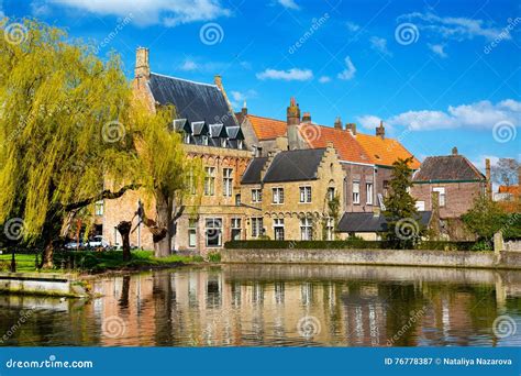 bruges belgium lake  love minnewater medieval houses stock image image  pond natural