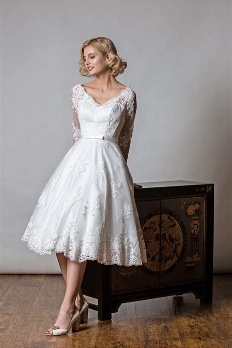 1048 Shelley Rita Mae Tea Length Lace Polka Short Wedding Dress Sleeves