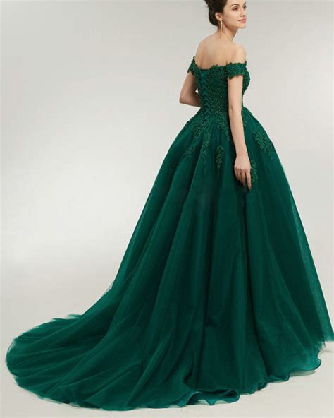 lace   shoulder emerald green prom dress ball gown evening forma