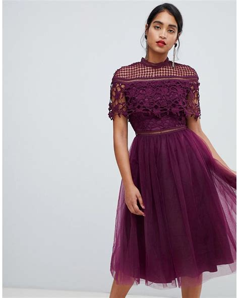 chi chi london 2 in 1 lace top midi dress with tulle skirt in deep